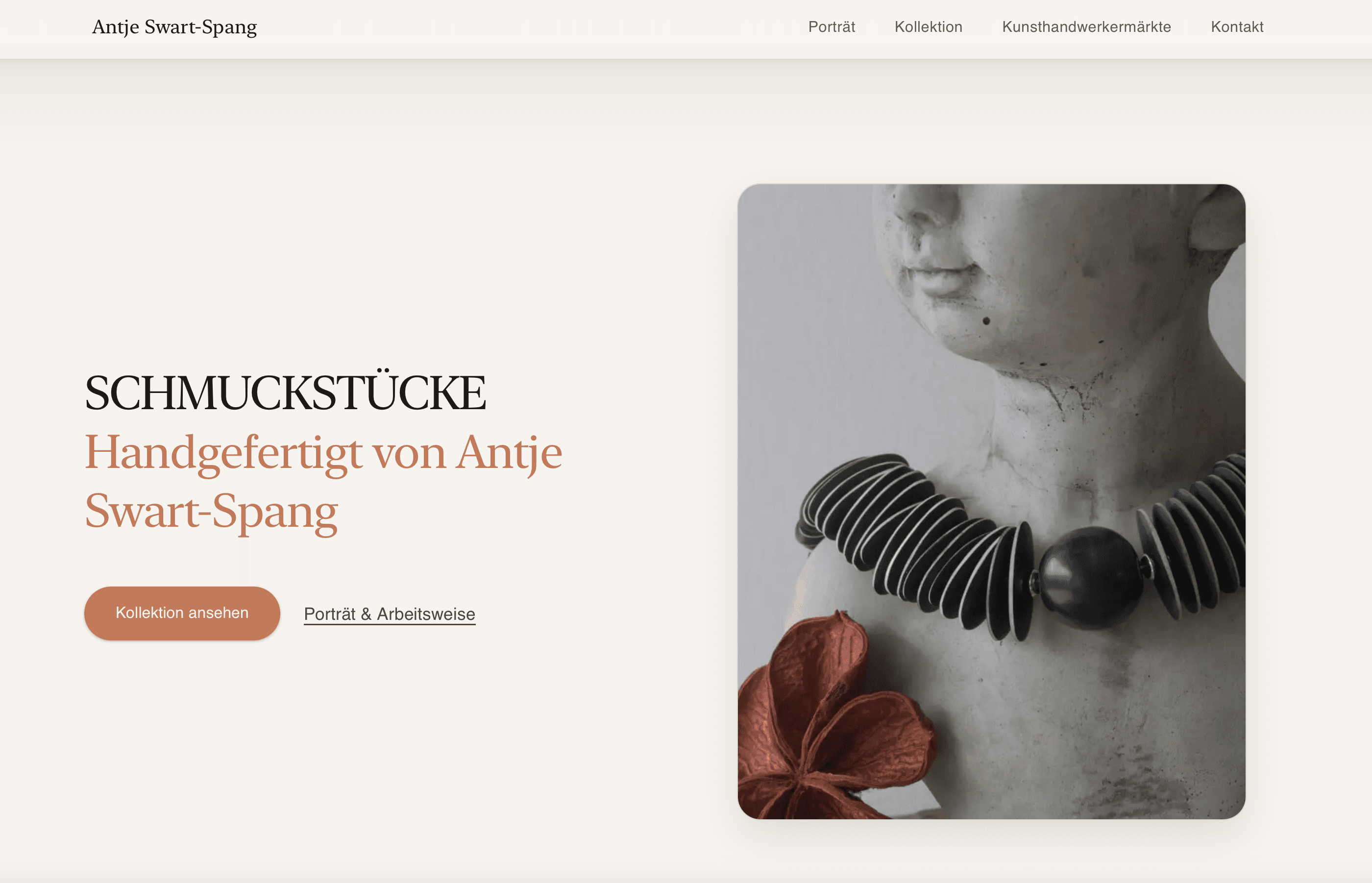 Antje Swart-Spang homepage with jewellery photography and collection navigation